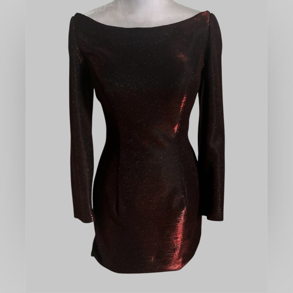 Sherri Hill 52978 Long Sleeve Formal Mini Dress Red Black Shimmer Lace Up Back